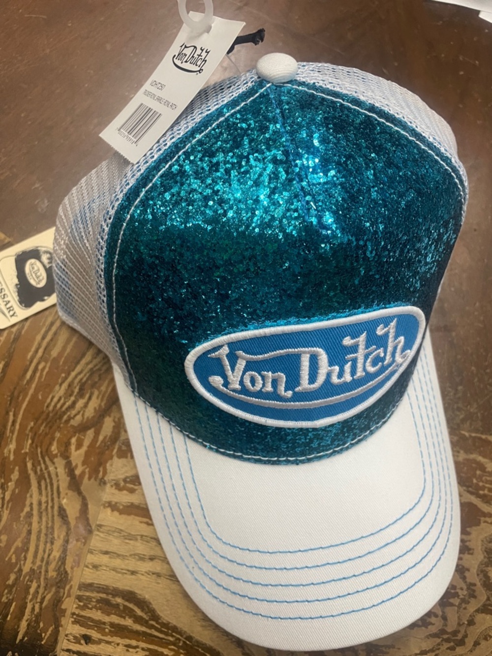 Von Dutch Teal Sequin Trucker Hat with White Brim